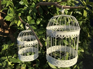 Birdcages set, small + large round, metal, white.